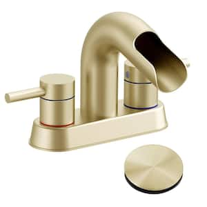 4 in. Centerset Double Handle Waterfall Spout Bathroom Faucet with Pop-Up Assembly in Brushed Gold