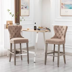 Harper 29 in. Taupe Velvet Tufted Wingback Kitchen Counter Bar Stool with Solid Wood Frame in Antique Gray (Set of 2)