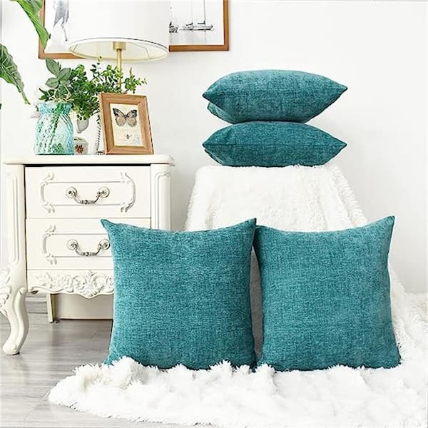 Kevin Textile Cozy Throw Pillow Covers Cases for Couch Sofa Home Decoration  Solid Dyed Soft Chenille 16 X 16 Inches - Pack of 2, Blue