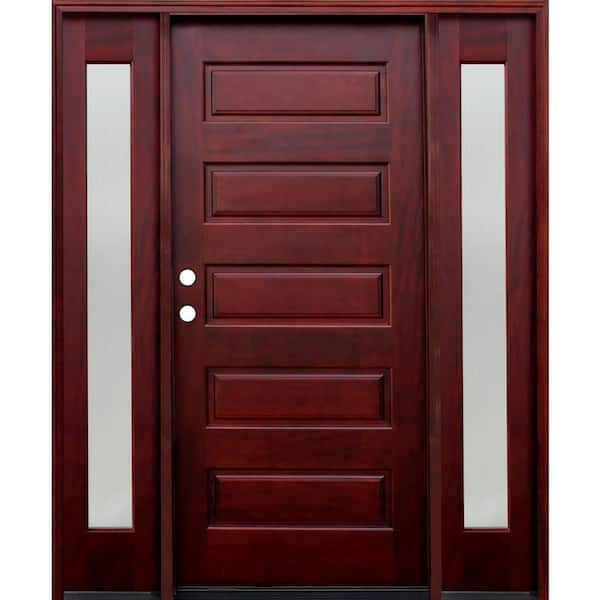 Pacific Entries 70 in. x 80 in. Contemporary 5-Panel Stained Mahogany Wood Prehung Front Door with 12 in. Reed Sidelites