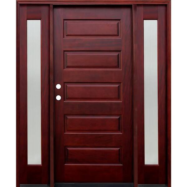 Pacific Entries 70 in. x 80 in. 5-Panel Stained Mahogany Wood Prehung Front Door w/ 6 in. Wall Series & 12 in. Reed Sidelites
