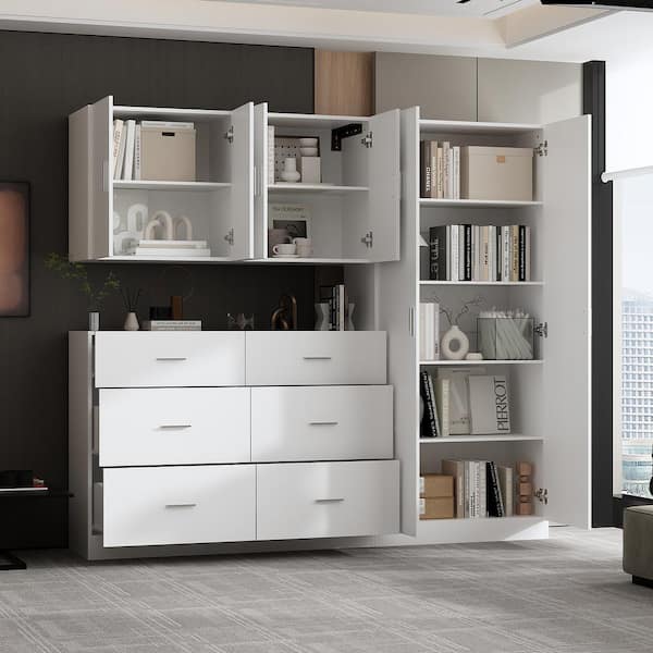 White Large Wooden Multi-Functional Storage Cabinet with Doors and Shelves, Modern 70 in. Office Storage Cabinet