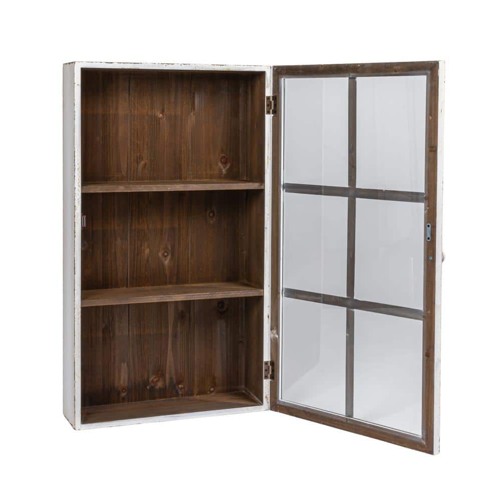 Antique White Distressed Wood Wall Cabinet with Glass Door and Shelves