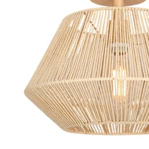 16 in. 1-Light Cream Small Semi-Flush Mount Ceiling Light with natural Simple Hand Weaved shade