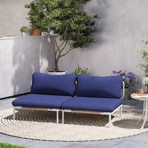 2-Piece Drawcord Metal Outdoor Sectional Set with Navy Blue Cushions