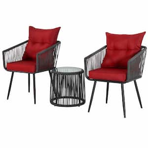 3-Piece Outdoor Conversation Set Handwoven Dark Gray Rattan Wicker Chairs with Red Cushions, Tempered Glass Table