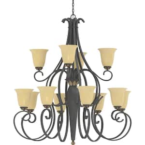 12-Light Vintage Bronze with Antique Gold Foyer Chandelier with Sepia Glass Bell Shades
