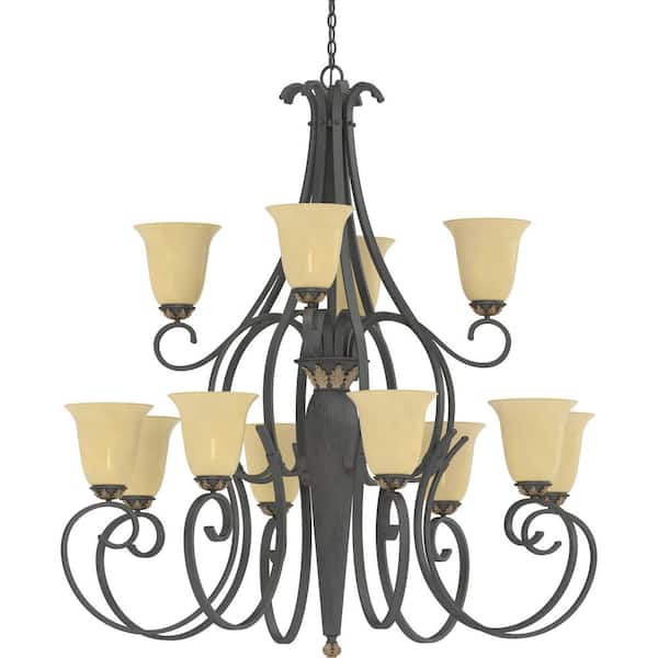 Volume Lighting 12-Light Vintage Bronze with Antique Gold Foyer Chandelier with Sepia Glass Bell Shades