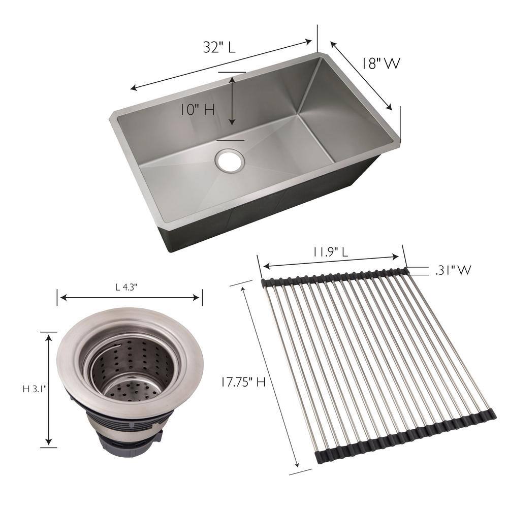 32x18 Satin Stainless Steel Undermount Kitchen Sink with Accessories