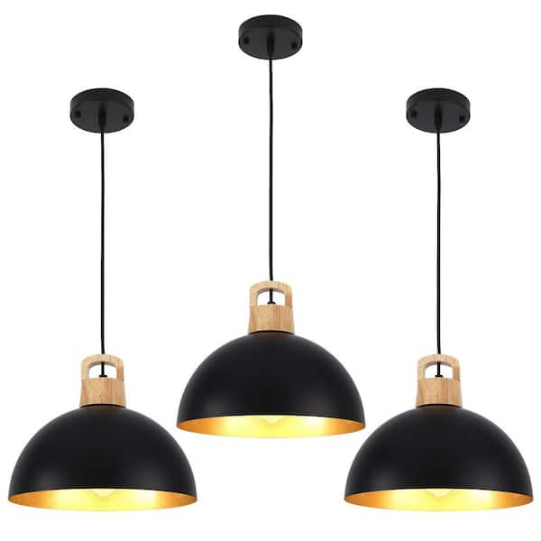 1-Light Black Shaded Single Dome Pendant Light with Metal Shade, No Bulbs Included(Set of 3)