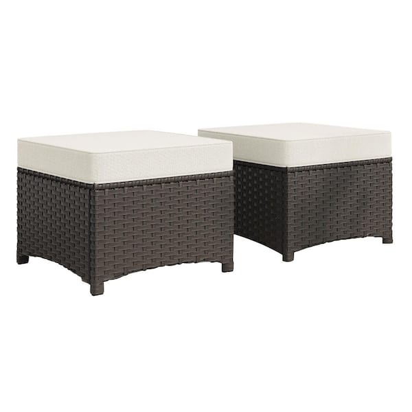 LATTOY Wicker Outdoor Patio Ottoman with Beige Cushions (Set of 2)