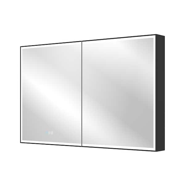 48 in. W x 30 in. H Rectangular Black Aluminum Recessed/Surface Mount LED Medicine Cabinet with Mirror, Double Doors