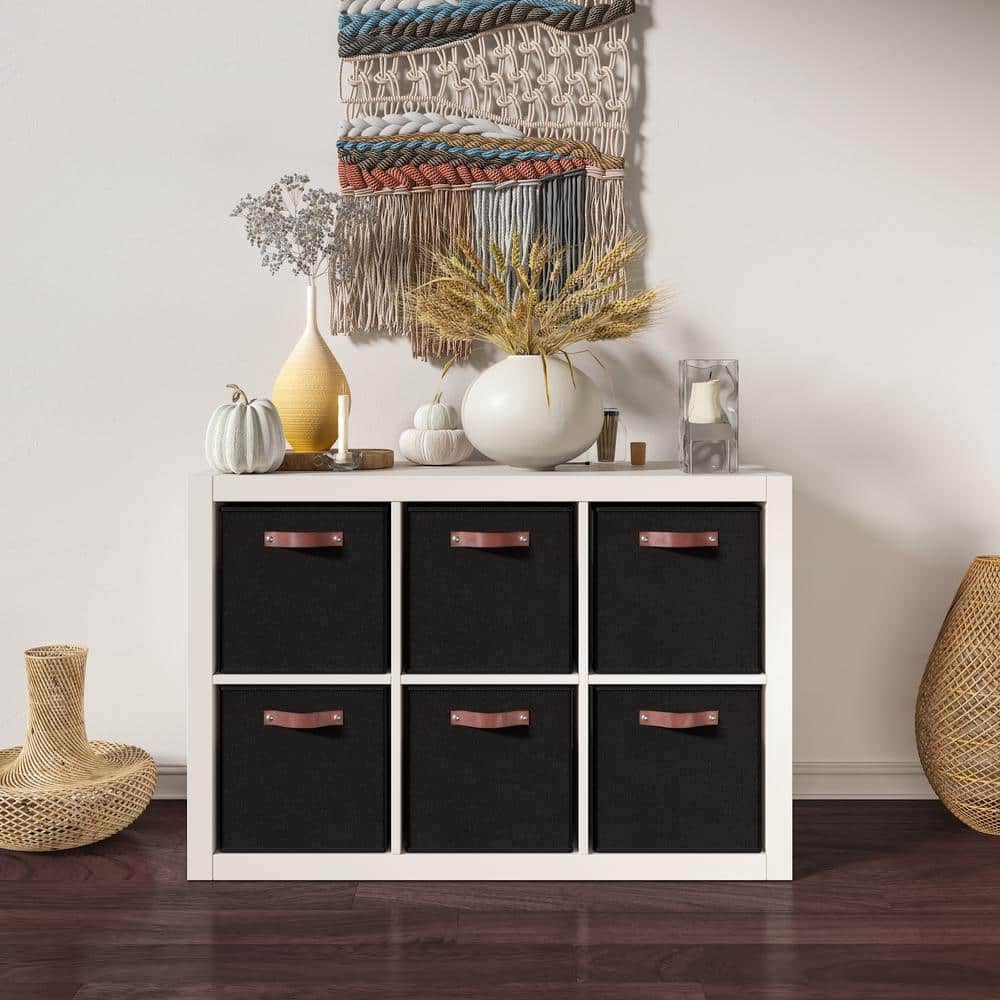 Black Linen Cube Storage Bins with Leather Handles, Set of 6