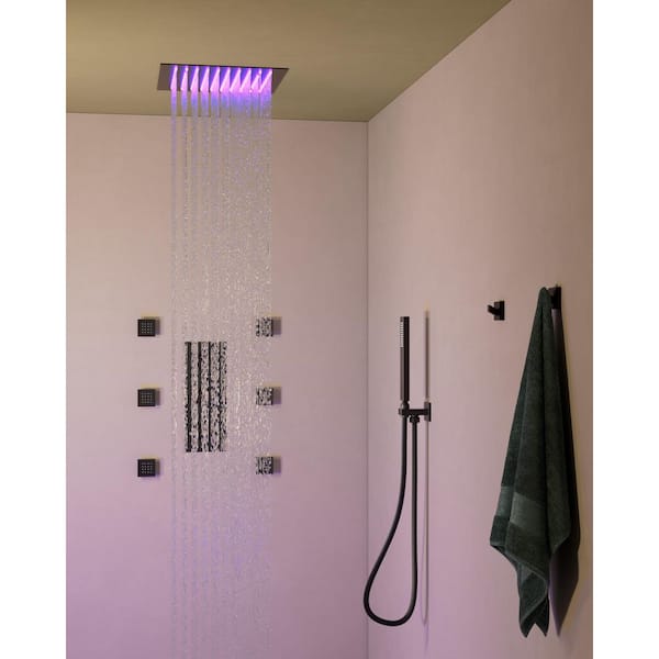 EVERSTEIN 5-Spray Patterns With 12 in. Square Ceiling Mount 64 LED Dual Shower Heads in Matte Black