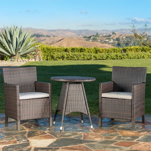 Noble House Cypress Multi-Brown 3-Piece Faux Rattan Outdoor Dining Set with Light Brown Cushions