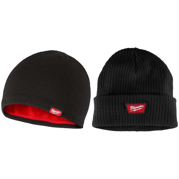 Men's Black Fleece-Lined and Black Rib-Knit Beanie Cap (2-Pack)