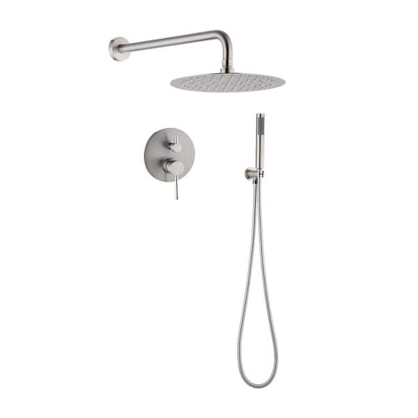 Double Handle 1-Spray Wall Mount Shower Faucet 1.8 GPM with Pressure Balance 10 In. Shower System in Brushed Nickel
