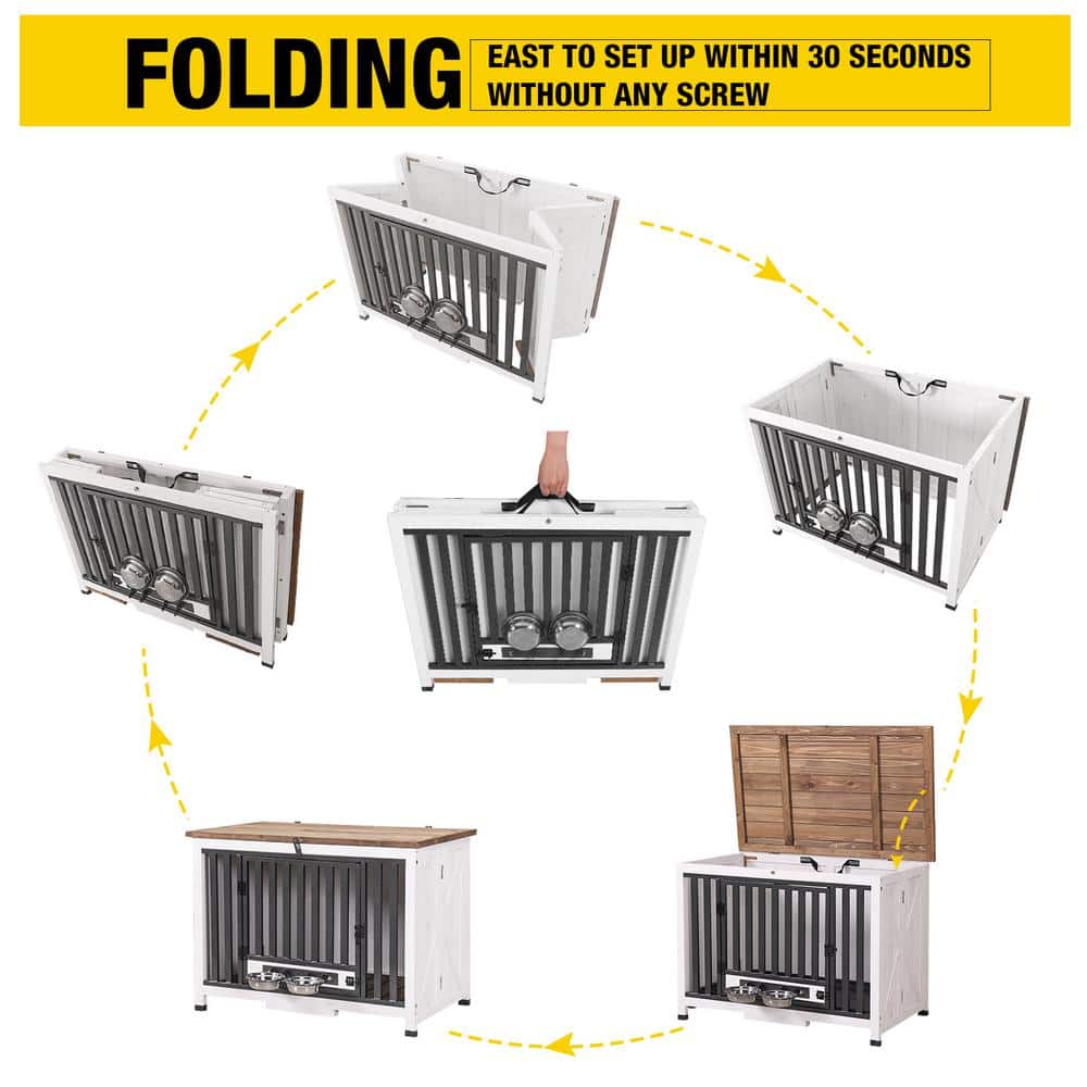 White and Black Wooden Dog Crate with Iron Frame and Feeder