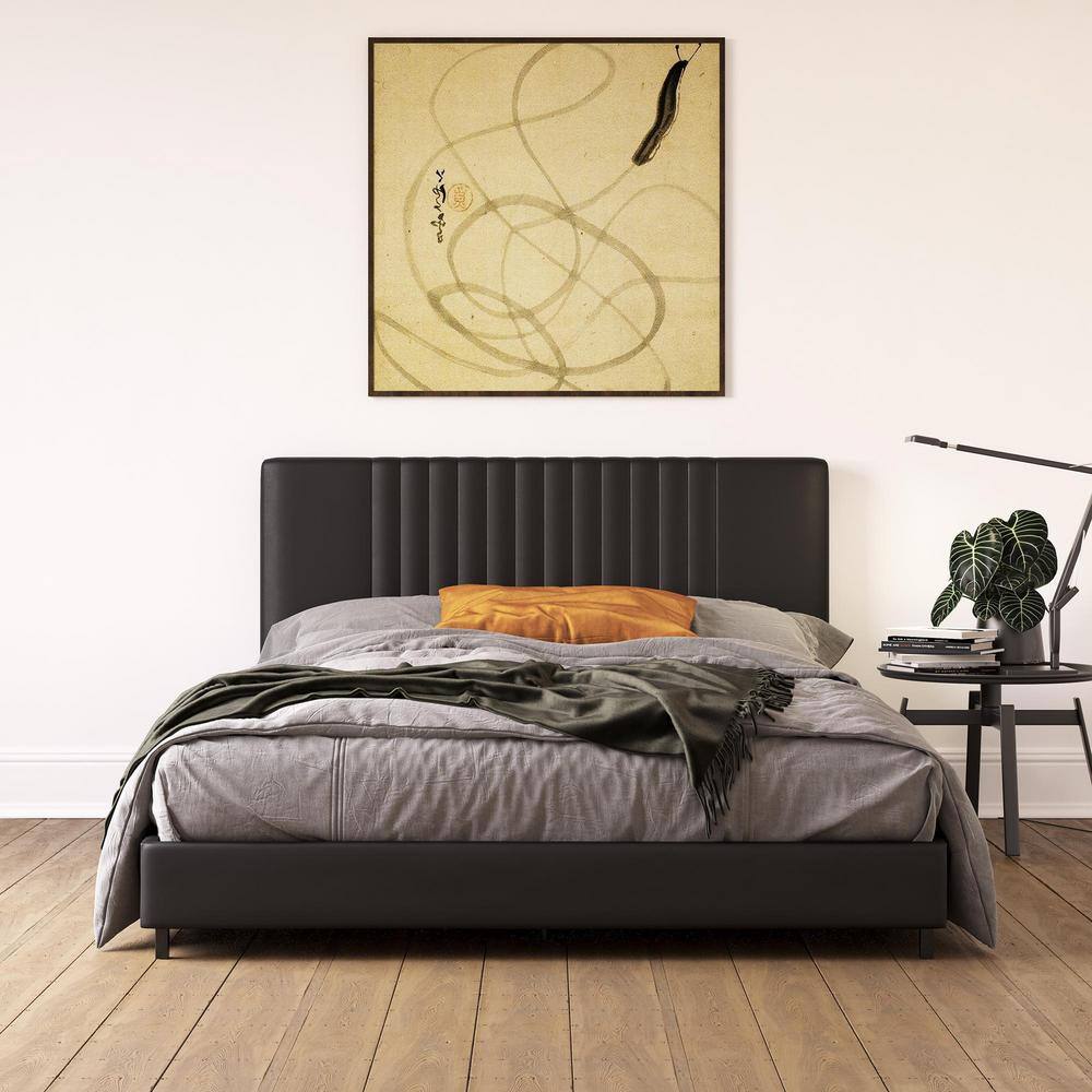 Full Black Faux Leather Upholstered Platform Bed with Tufted Headboard