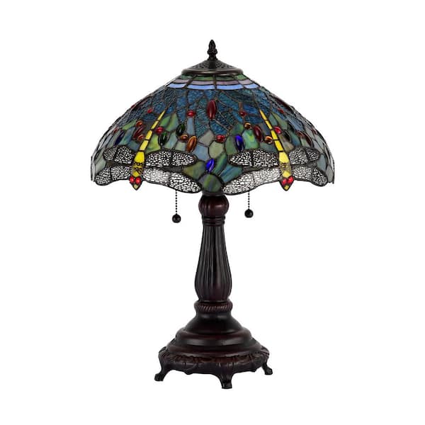 22 in. Antique Bronze Dragonfly Stained Glass Table Lamp with Pull Chain