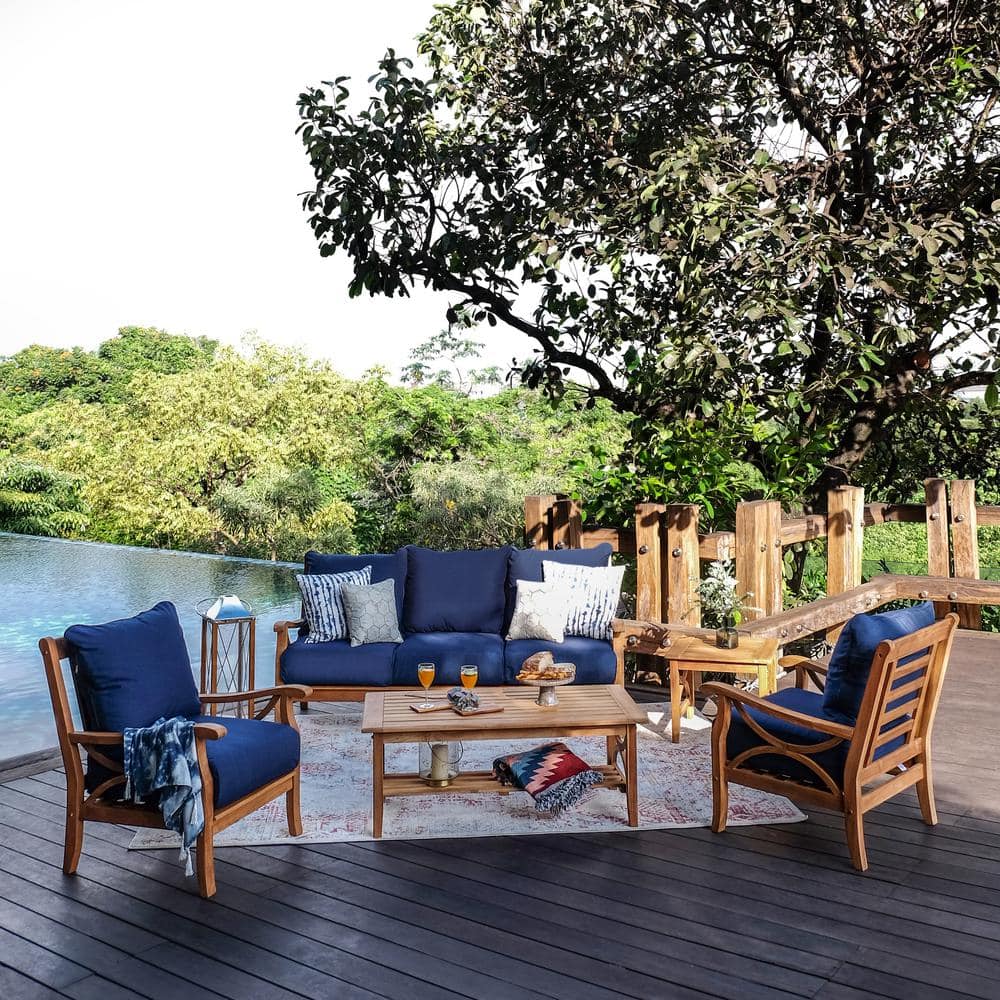 Cambridge Casual Cambridge Casual Abbington Teak Wood 5 Piece Patio Conversation Set with Navy Cushion
