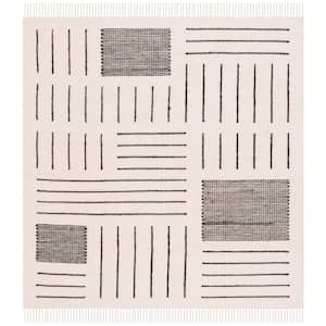 Kilim Ivory/Black 6 ft. x 6 ft. Striped Geometric Solid Color Square Area Rug