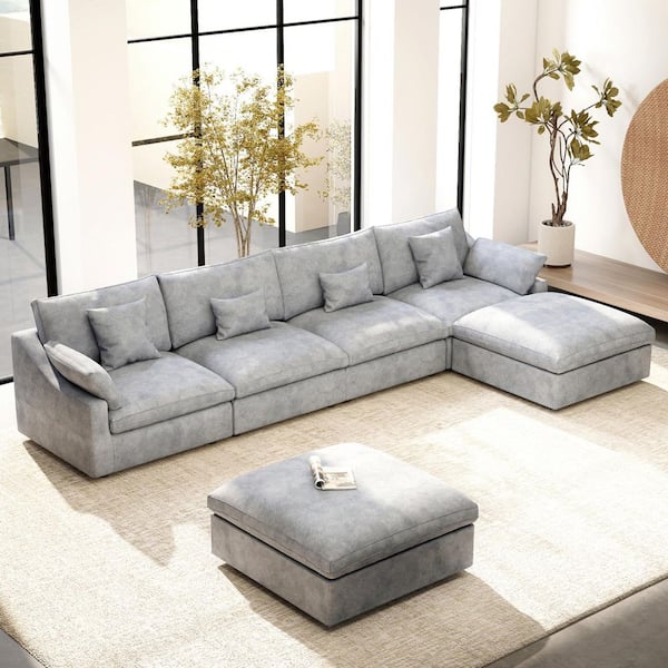6-Piece 156 in. Square Arm Plush Soft Linen U-shaped Modular Cloud Sectional Sofa with 2-Ottomans in. Gray