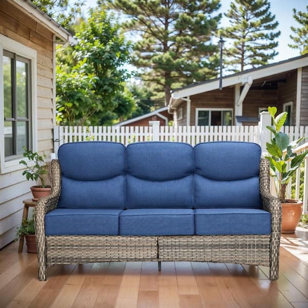 Arcadia Gray Wicker Outdoor 3-Seat Couch with High Curved Back and 6 in. Thick Navy Blue Box-Edge Cushions