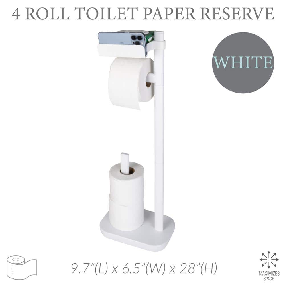 White Freestanding 3-in-1 Toilet Paper Holder with Adjustable Shelf