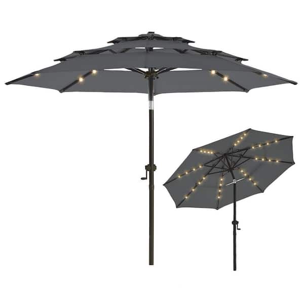 PASAMIC 9 ft. 3 Tiers Aluminum Solar Led Market Umbrella Outdoor Patio Umbrella with Tilt and 32 LED Lights in Dark Grey