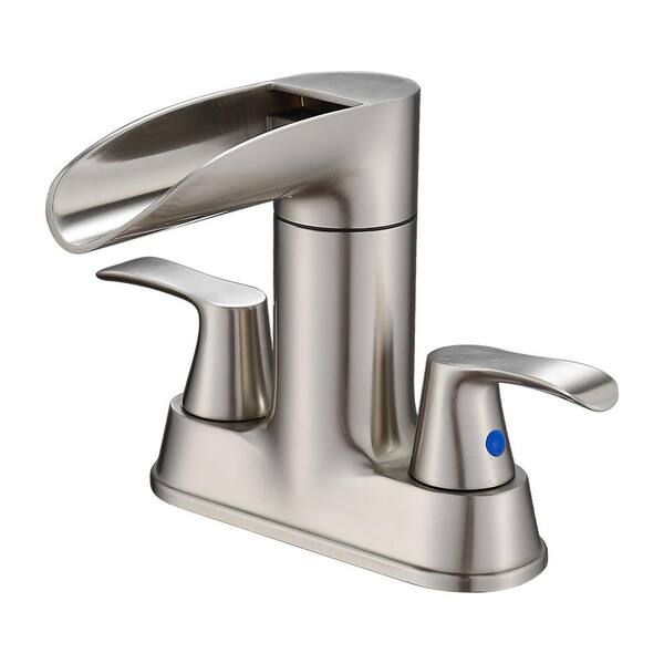 Rotatable 4 in. Centerset Double Bathroom Faucet with Drain kit Included Waterfall Lavatory in Brushed Nickel