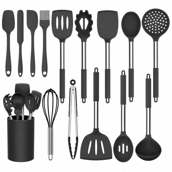 15 Piece Black Silicone Cooking Kitchen Utensil Set Non-stick Kitchen Cookware with Stainless Steel Handle