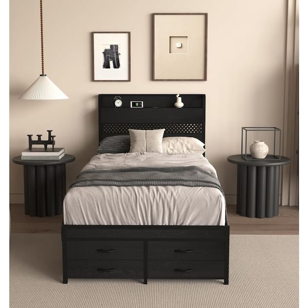 81.33 in. x 39.76 in. x 41.73 in. Black Metal Frame Twin Platform Bed Frame with Headboard and Storage Drawers for Home