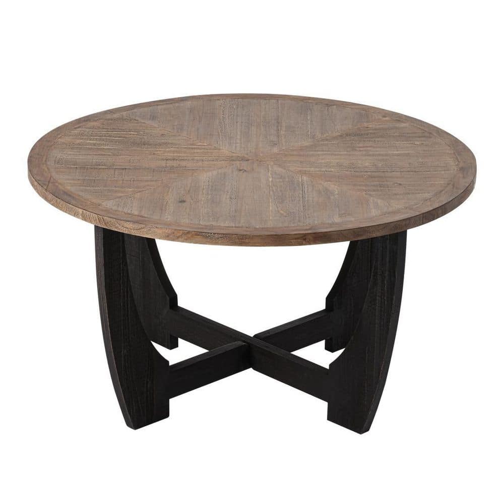 Rustic Brown and Black Round Wood Coffee Table with Crisscross Base