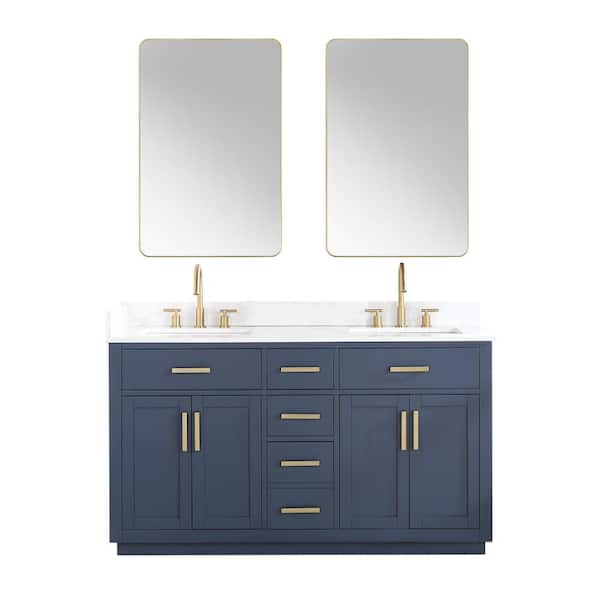 Altair Gavino 60 in. W x 22 in. D x 34 in. H Double Sink Bath Vanity in Royal Blue with White Composite Stone Top and Mirror
