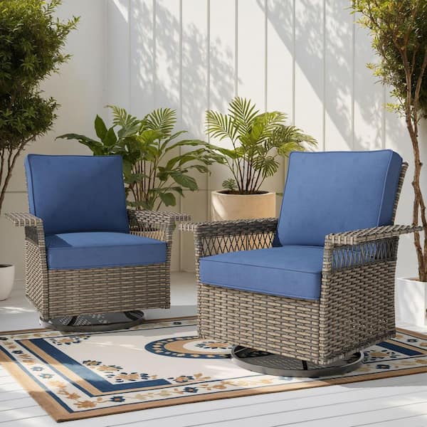Buenaola Nyajiah Wicker Outdoor Rocking Chair with Blue Cushions (2-Pack)