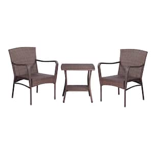 3-Piece Brown Wicker Patio Conversation Seating Set with Small Side Table