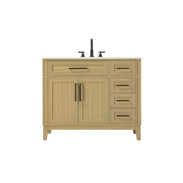 42 in. Single Sink Freestanding Honey Brown Bath Vanity with Marble White Engineered Marble Top