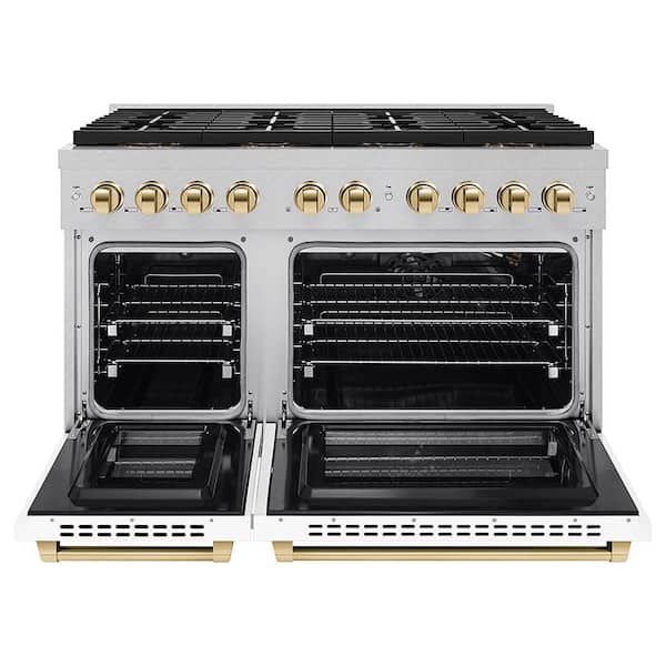 Autograph 48 in. 6.7 cu. ft. Gas Range with 8-Burner DuoPro Cooktop and Dual Ovens in Satin with White Matte and Gold