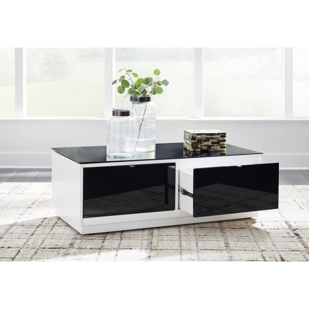 Black and White Rectangular Glass-Top Coffee Table with Storage