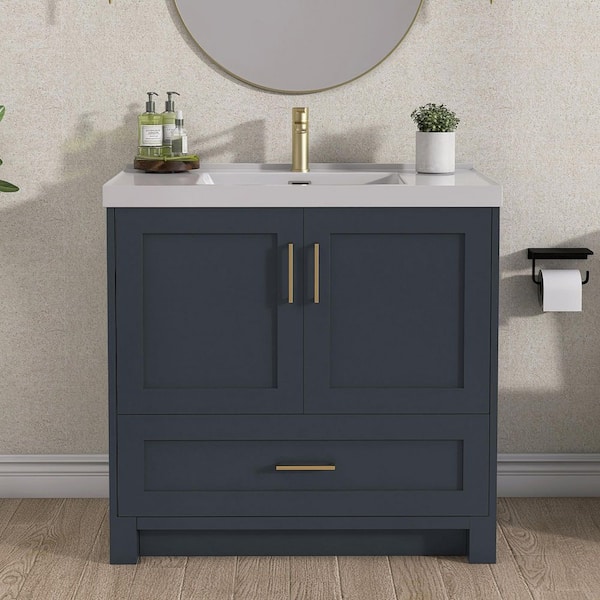 36 in. Solid Wood Single Sink Bath Vanity Navy Blue Freestanding Bathroom Cabinet with White Solid Surface Top & Basin