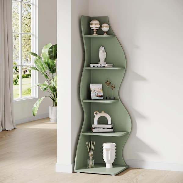 Eulas 69.8 in. Tall Green Engineered Wood 5-Shelf Standard Bookcase Bookshelf Corner Shelf for Living Room