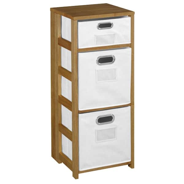 Regency Nemus 34 in. H Medium Oak and White 6 Wood 3-Shelf Square Folding Standard Bookcase with Folding Fabric Bins