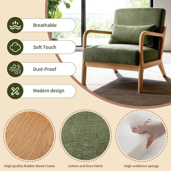 Army Green Cotton Linen Upholstery Accent Armchair, Solid Rubberwood Frame with Detachable Lumbar Pillow for Living Room