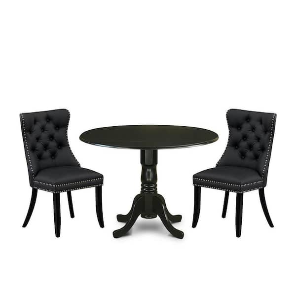 East West Furniture 3-Piece Black Finish Solid Wood Top-Round Upholstered Dining Room Set with Dropleaf-Seats 4