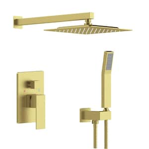 1-Spray Square High Pressure 10 in. Shower Head with Brass Valve and Handheld Shower Brushed Gold