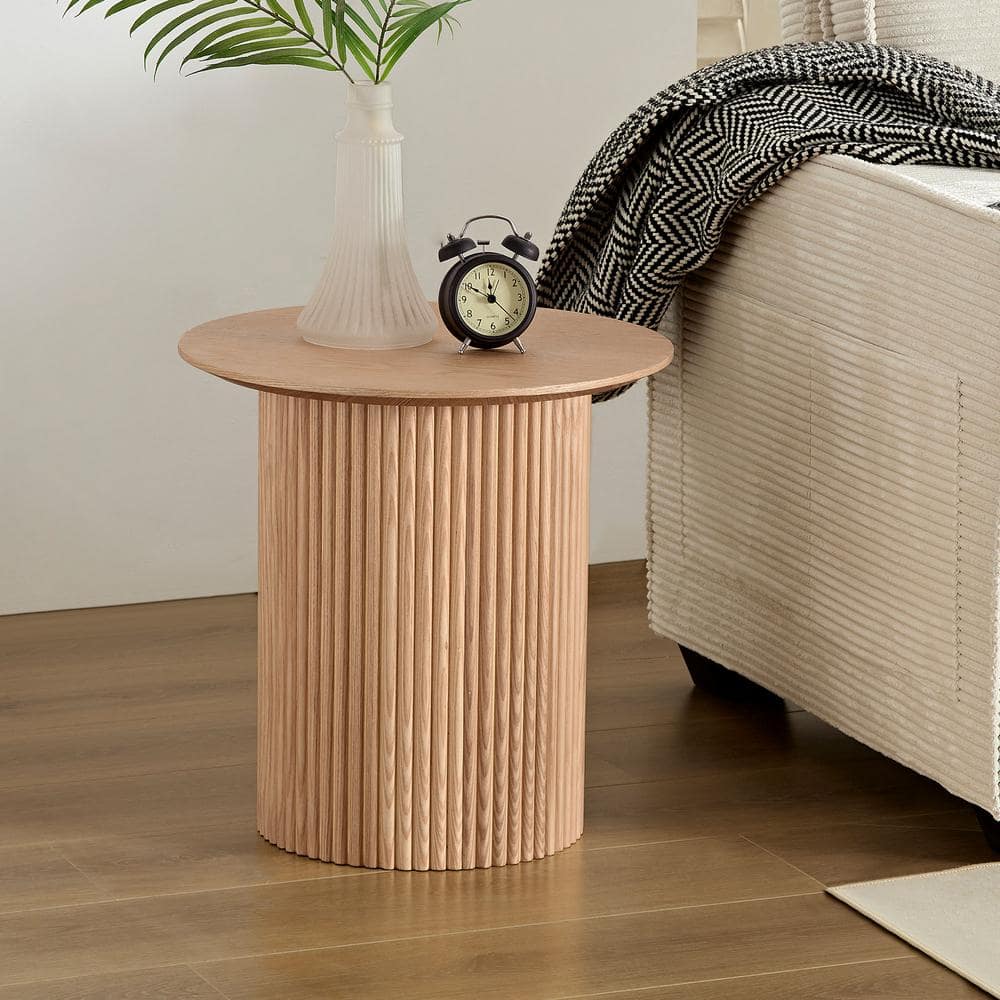 17.71 in. Oak Round MDF Coffee Table Fluted Side Table Circle Small Accent 
