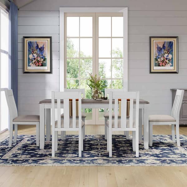 7-Piece Retro Brown/White Extendable Wood Top Dining Room Set Seats 6