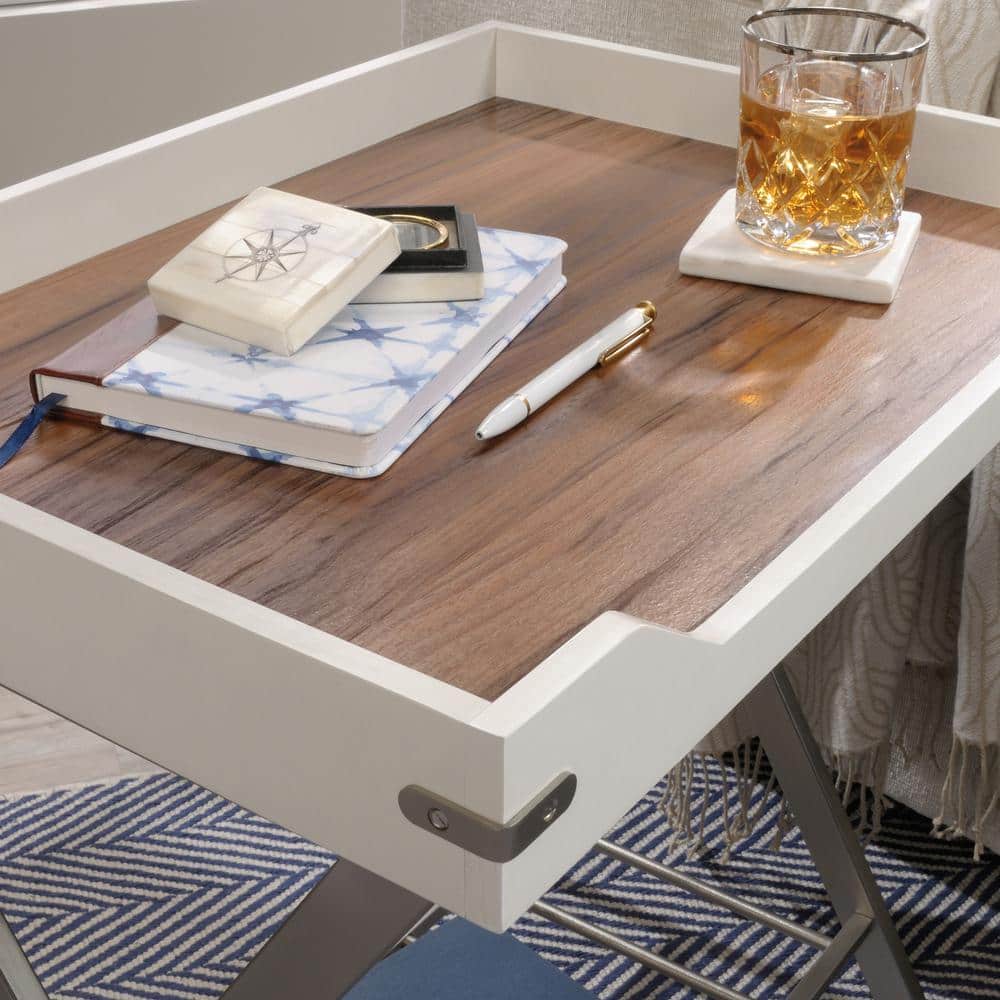 Pearl Oak and Blaze Acacia Tray Top Side Table with Metal Accents