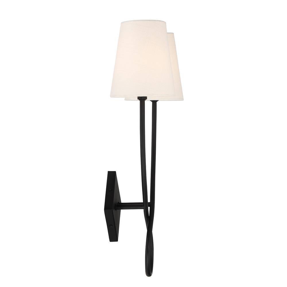 Matte Black 2-Light Wall Sconce with White Linen Shades